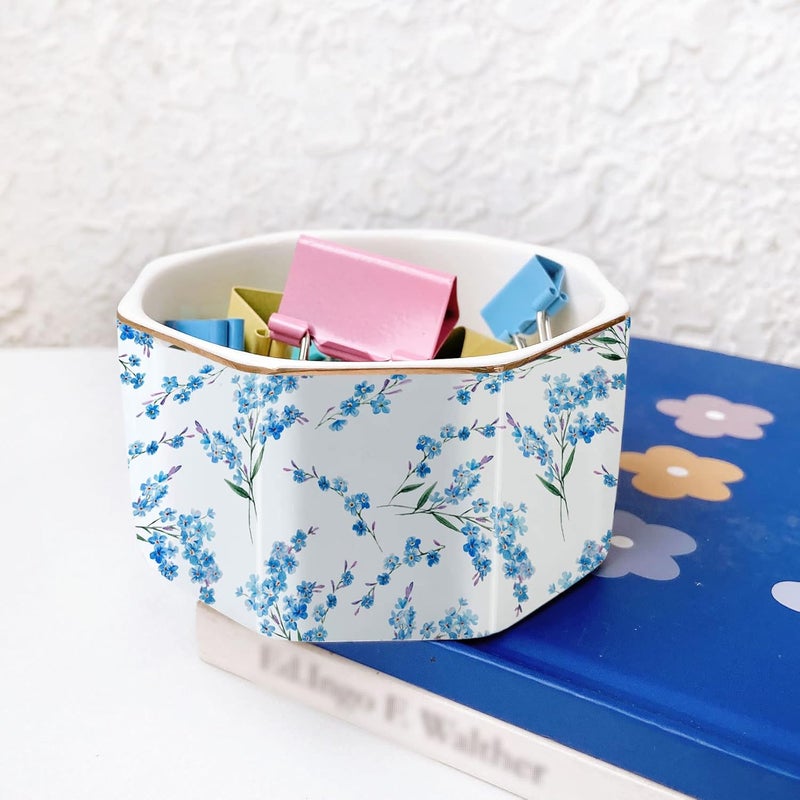 LEAZUL Ceramic Paper Clip Holder Gold Line Paper Clip Dispenser Organizer for Desk Cute Floral Pattern Office Binder Clip Holder Bobby Pin and Hair Clip Holder Gift for Office Blue Flowers - Image 2